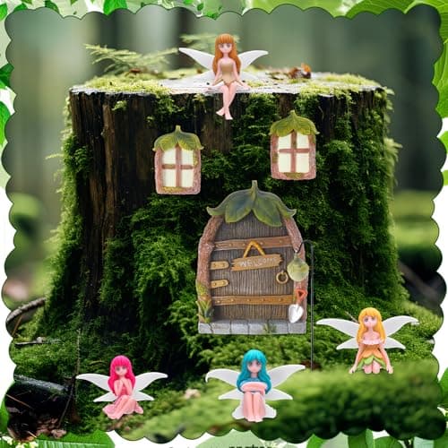 Glowing Miniature Fairy Garden Accessories, 4-Piece Miniature Fairy Figurines Glow in The Dark Fairy Door and Windows for Trees Set, Resin Light Up Sculpture Kit for Outdoor & Indoor Gardens - Thumbnail 5