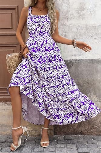 PRETTYGARDEN Womens 2026 Summer Dresses Fashion Clothing Floral Maxi Dress Ruffle Long Flowy Boho Beach Vacation Sundresses (Floral Purple White,Large) - Thumbnail 3