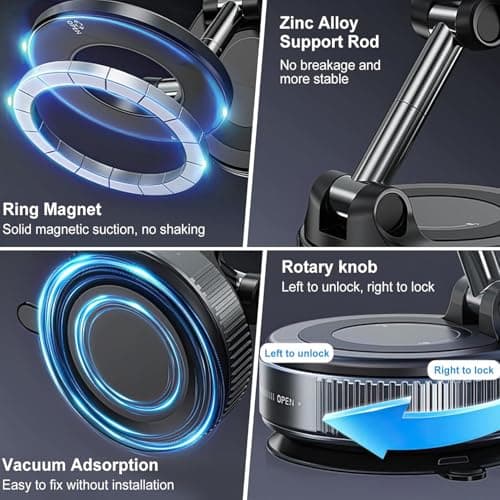 2026 Upgraded Car Vacuum Magnetic Phone Holder for Magsafe [96+LBS Suction & 2800gf Magnetic], 360°Adjustable Suction Cup Car Cell Phone Mount for iPhone 17 Pro Max 16 15 14 13 12 and All Smartphones - Thumbnail 6