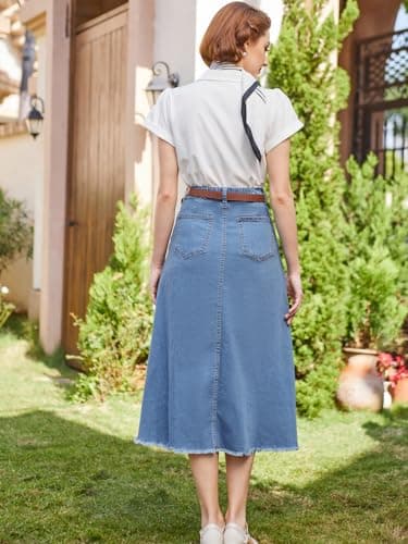Belle Poque Light Blue Lightweight Denim Jean Skirt for Women Vintage Vintage Elastic High Waist A-Line Midi Skirts L - Thumbnail 5