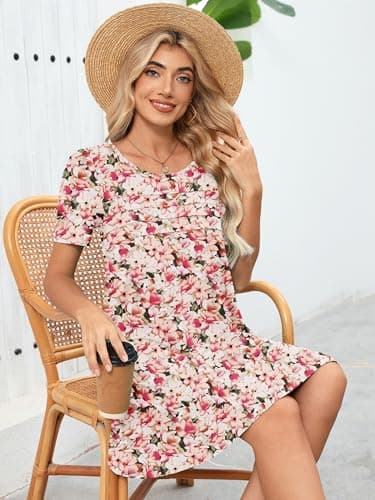Heymoments Women's Short Sleeve Dress Floral Print Large Crewneck Casual Loose Flowy Above Knee Length Sundress Business A Line Shirt Teachers Summer Novelty Dresses with Pockets - Thumbnail 3