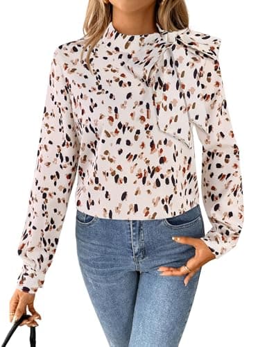 SOFIA'S CHOICE Women's Bow Tie Neck Long Sleeve Dressy Blouse Casual Office Work Shirt Top Polka Dot Beige Small - Image 1