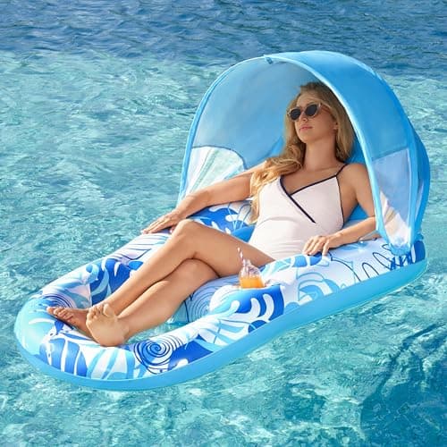 SLOOSH Inflatable Pool Floats Lounger with Canopy for Adult - Pool Lounge Float with Cup Holder & Backrest, Footrest for Pool Party, Swimming, Lake, Beach, Travel - Image 1