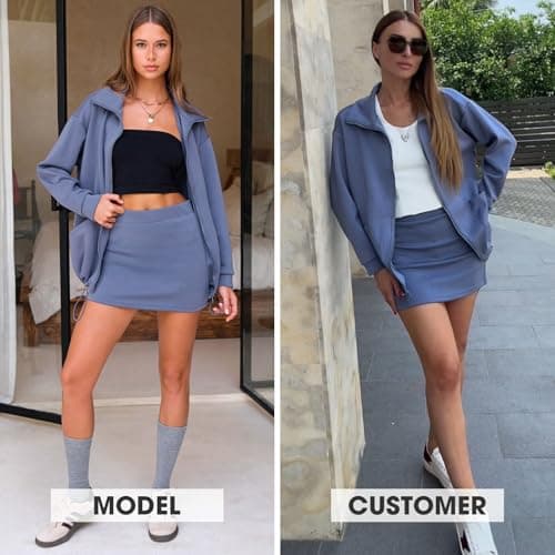EXLURA Women 2 Piece Skirt Sets Airport Outfits Zip Up Sweatshirt Matching Skorts Tennis Sweatsuits Travel Tracksuit 2026 - Thumbnail 5