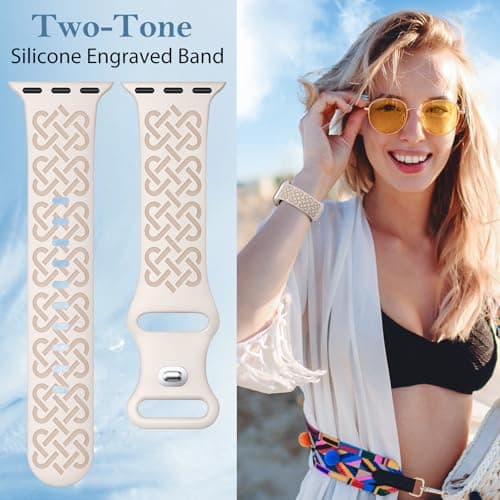 Minyee 2 Pack Engraved Bands Compatible with Apple Watch Band 38/40/41/42mm Women, Soft Silicone Two-Tone Celtic Sport Strap for iWatch Series 11 10 9 8 7 6 5 4 SE/Ultra 3 2 1, Starlight/Black/Nude - Thumbnail 5