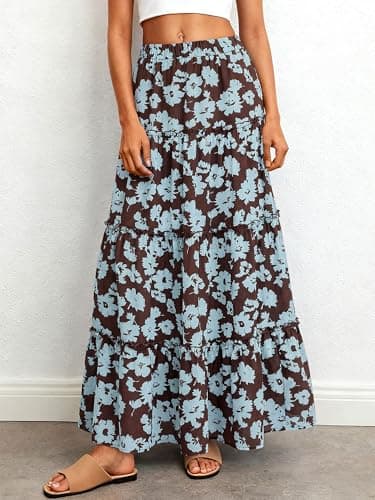 BTFBM Floral Maxi Skirts for Women Summer Spring 2026 Elastic Waist Tiered Flowy Beach Vacation Boho Midi Long Skirt(Floral Brown Light Blue, X-Large) - Thumbnail 2
