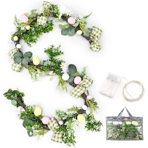 Presentastic 6ft Easter Garland Decorations, 2-in-1 Easter Garland-to-Wreath for Mantel, Fireplace with 18 Pastel Eggs, LED Lights and Storage Bag, Easter Decor for Front Door, Window, Table, Entryway - Image 1