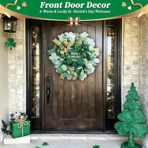 Presentastic 25 Inch Large St Patricks Day Decorations Wreath, Handmade Artificial Shamrock Wreath for Front Door with LED Lights, Kiss Me Im Irish for Wall Decor Window, Saint Paddys Day Decorations - Thumbnail 2