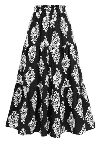 BTFBM Long Skirts for Women Summer 2026 Elastic High Waist Flowy A Line Casual Boho Tiered Floral Maxi Skirt Pockets(Black White Flower, XX-Large) - Image 1