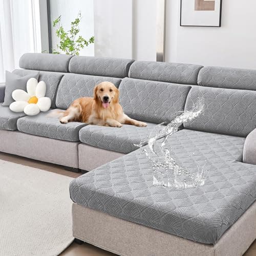 Genina 100% Waterproof Couch Cushion Covers for Pets - L Shape Chaise Lounge Cover Stretch Seat Chaise Couch Cover Jacquard Non Slip Sectional Couch Covers Sofa Slipcovers Washable (Light Gray) - Image 1