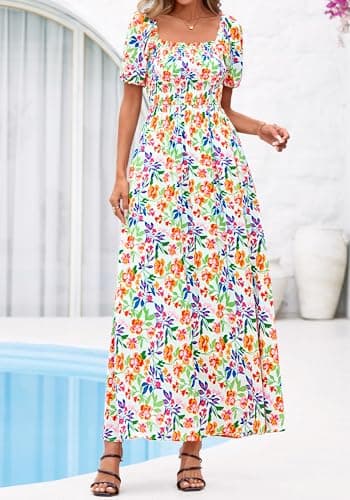 BTFBM Womens Spring Summer Dresses 2026 Square Neck Puff Short Sleeve Smocked Floral Boho Beach Wedding Guest Maxi Dress(Floral Light Green Multi, Large) - Thumbnail 2