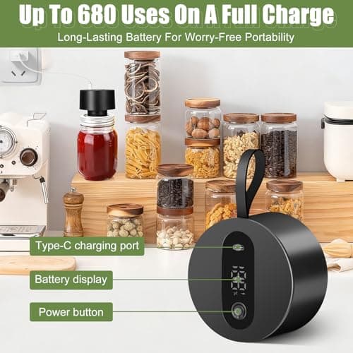 Mason Jar Vacuum Sealer Kit: Portable Electric Vacuum Sealer Kit - Fits Wide Regular Mouth Mason Jar & Seal Bags - Food Storage for Home Kitchen RV Travel - Black - Thumbnail 4