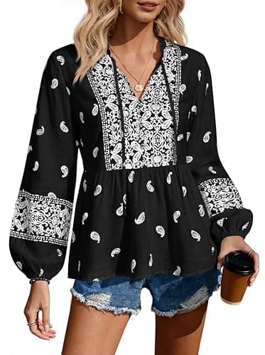 MASCOMODA Women Boho Babydoll Tops Spring Summer Casual V Neck Peplum Long Sleeve Blouses Flowy Shirts Beach Vacation Clothes(Black White Flower,X-Large) - Image 1