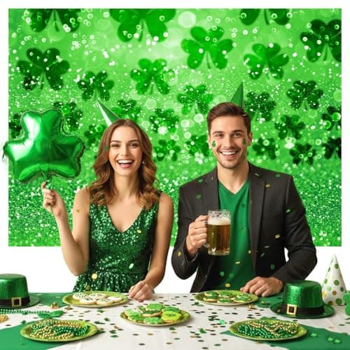 Happy St. Patrick's Day Photography Backdrop Lucky Irish Green Shamrock Bokeh Glitter Sequins Background Children Kids Adults Baby Shower Party Portraits Decor Photo Studio - Thumbnail 2