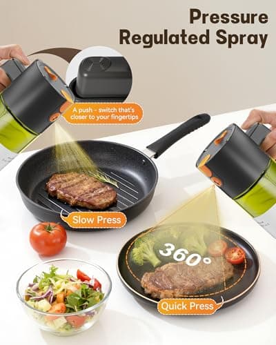 OURCABECUE Upgrade 2 in 1 Oil Sprayer for Cooking, 17oz Light-Blocking Glass Olive Oil Dispenser Bottle for Kitchen, Food-Grade Oil Mister with 8 Stickers for Salad, Frying (Green Bottle-Black Gap) - Thumbnail 3