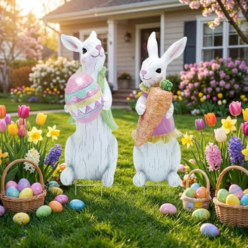 2 PCS Large Easter Decorations Outdoor Easter Yard Signs Easter Yard Decorations with Metal Stakes Bunny Decorations Easter Outdoor Garden Sign Waterproof Lawn Signs for Pathway Walkway - Image 1