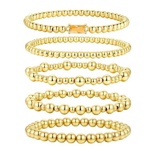 Turandoss 14K Gold Plated Beaded Birthstone Bracelets for Women, Trendy 5PCS Stackable November Created Yellow Citrine Birthstone Set Waterproof Friendship Birthday Jewelry Gifts for Women - Image 1