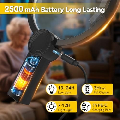 2500mAh Magnifying Glass with Light, 5X/10X Hands Free Magnifier for Reading, Sewing, Knitting, Cross Stitch & Crafts, Lighted Magnifier for Seniors & Low Vision - Thumbnail 3