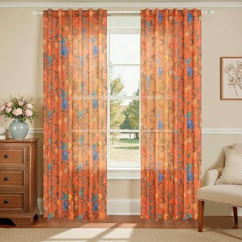 JOOJA Bird Floral Curtains 2 Panels 63 Inches Long Vintage Boho Patterned Terracotta Whimsical Living Room Colorful Linen Blend Printed Window Curtains for Bedroom Kitchen - Image 1