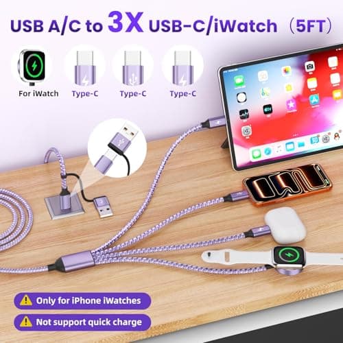 Travel Essentials Multi Charging Cable for iWatch Charger, 4in2 3 X USB C Cable Multiple Charger Cord, USBC Car CarPlay Cable Compatible with iWatch Ultra/11-1/iPhone 17-15/Galaxy S25-22, 5F Purple - Thumbnail 2