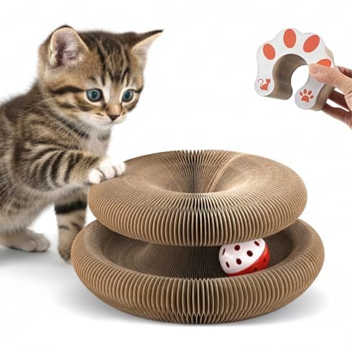 VOXGET 1 Pack Cat Scratcher Toy with Balls Bells, Magic Organ Foldable Cat Scratching Board for Kitten, Interactive Toys for Indoor Adult Cats Exercise Anxiety Relief, Auburn - Image 1
