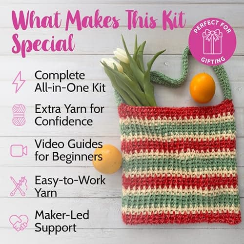 KnitPal Sunset Striped Market Bag Tunisian Crochet Kit for Confident Beginners – Make a Reusable Market Tote – with Cotton Bliss Yarn, Tunisian Crochet Hook, Pattern & Video Tutorials - Thumbnail 2