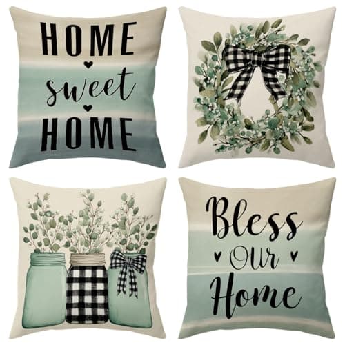 BBOLDIN Farmhouse Spring Throw Pillow Covers 18x18 Couch Cushion Covers, Rustic Country Buffalo Plaid Sofa Couch for Home Room Porch, Pastel Classic Flower Pillow Cases Decor Set of 4