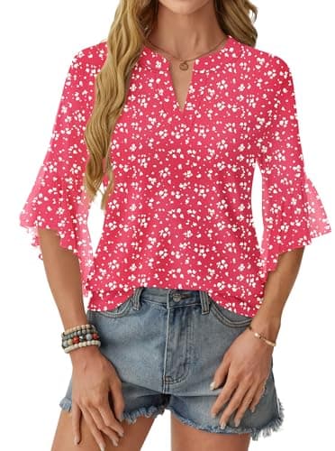 GKBK Womens 3/4 Sleeve Tops Dressy Casual Business Work Blouses Office Shirts Lightweight Slimming Formal 2025 Spring Summer Floral Loose Fit Raspberry Pink S - Thumbnail 2