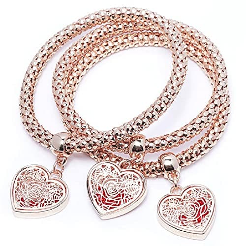 SILANER Crystal Love Charms Multilayer Bracelets - 3PCS Gold/Silver/Rose Gold Corn Chain Bracelet for Women, Rose Heart Charm Shaped Stretch Bracelet - Image 1