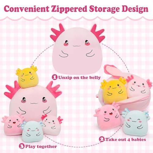Axolotl Plush with 4 Babies Inside - 13 Inch Mommy Axolotl Plush Interactive 4 Colorful Baby in Tummy 5-Piece Cute Big Axolotls Adopt Toy Plushies for Girls Boys 0-8 Kids Birthday Baby ShowerGift - Thumbnail 5