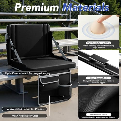 Stadium Seats with Back Support 1PACK Adjustable Bleacher Chairs with Back and Cushion Bleacher Seat with Cup Holder, Carry Handle &Shoulder Strap for Outdoor Sports Events, Picnics, Black&Grey - Thumbnail 5