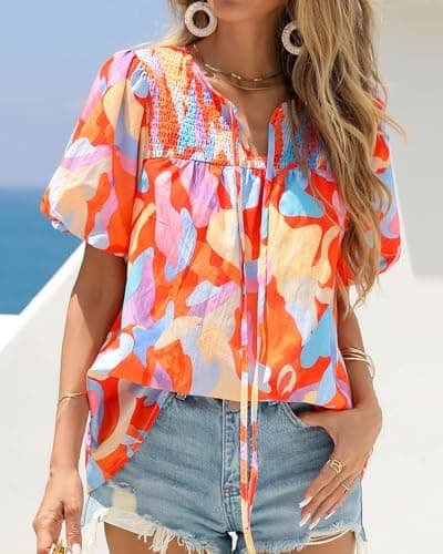 KIRUNDO Boho Tops for Women Summer 2026 Dressy Floral Blouse V Neck Drawstring Short Sleeve Shirts Beach Vacation Clothes(Pink Multicolored, XX-Large) - Thumbnail 5