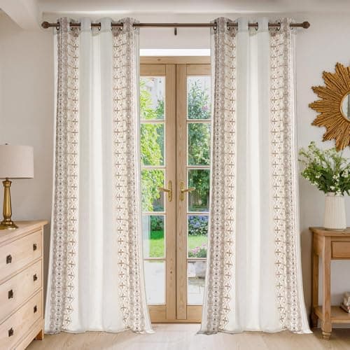 NICETOWN 102" Long Thick Cream Linen Curtains Light Sand Floral Pattern - Elegant Drapes for French Sliding Door, Farmhouse Style Privacy Enhancing Floor to Ceiling Window Treatments, 52 x 102, 2 Pcs - Image 1