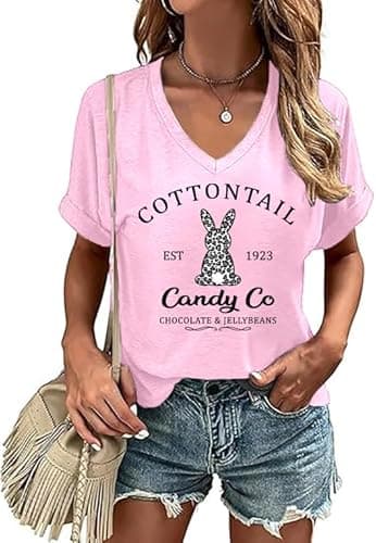 Easter Shirts for Women V Neck Happy Easter T Shirt Easter Bunny Shirt Cute Rabbit Graphic Tee Gift Spring Tees Tops Pink - Image 1