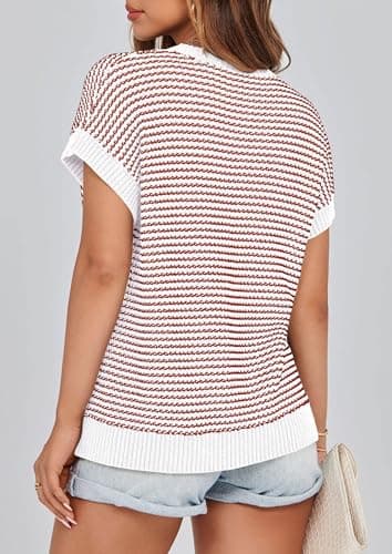 PRETTYGARDEN Womens Short Sleeve Sweater Spring Summer 2026 Round Neck Striped Pullover Cap Sleeve Knit Sweater Vest Tops(Striped White Red,Medium) - Thumbnail 2