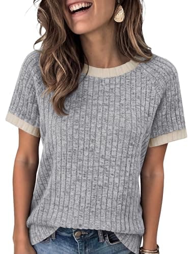 ANRABESS Womens Tops Summer Short Sleeve Shirts Dressy Casual Color Block Work Blouse 2026 Spring Trendy Lightweight Sweater Grey XX-Large - Image 1