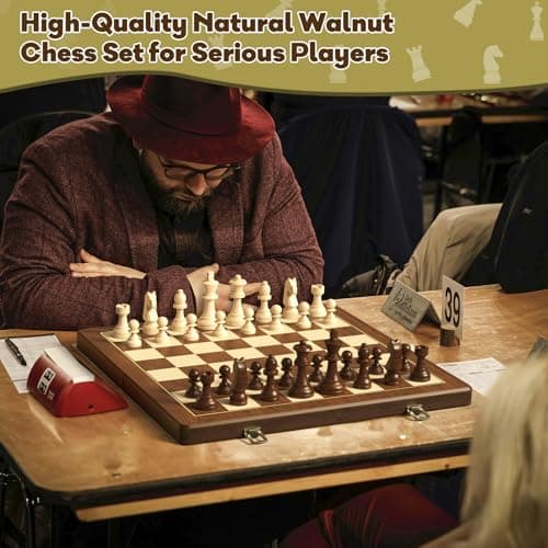 Premium Natural Walnut 15" Magnetic Wooden Folding Chess & Checkers Set- 2 in 1 Board Game with 3" King Staunton Pieces and 2 Extra Queens, Checkers, and Dust-Proof Storage Bag (Red) - Thumbnail 3