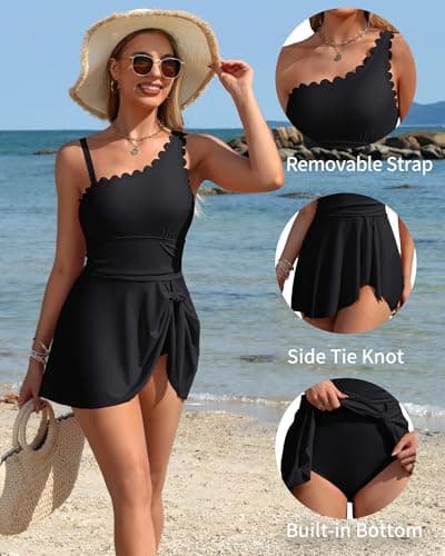 Charmo One Shoulder One Piece Swimdress Swimsuit Women Tummy Control Bathing Suit Skirted Modest Scalloped Swim Suit Black M - Thumbnail 4