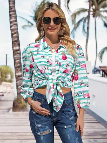 ZXZY Women Pineapple Printed Lapel Collar Half Sleeves Buttons Down Blouse Shirt - Thumbnail 5