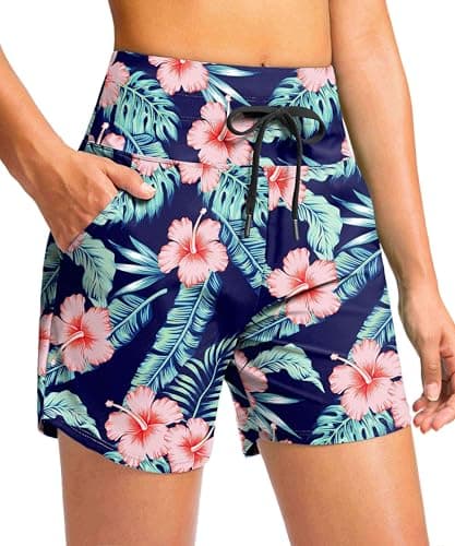 Viodia Women's 5" High Waisted Swim Board Shorts Quick Dry Beach Shorts with Pockets UPF 50+ Swimsuit Bottoms with Liner Navy Flower S - Image 1