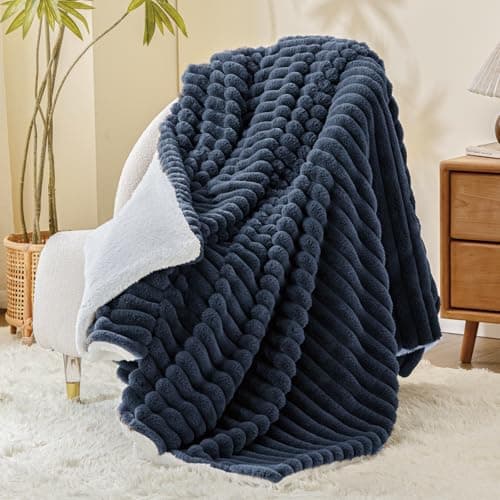 INFIIXSO Sherpa Throw Blanket for Couch - Super Soft & Warm Striped Fleece Blanket, Cozy Plush Fluffy Blanket All Season Use (Navy Blue, 60x80 Inches) - Image 1