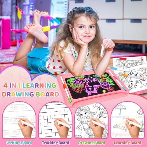 Magic LED Drawing Board for Kids, Girl Toys for Ages 5-7, Christmas Birthday Gifts, Light Up Tracing Pad, 9 Double-Sided Cards, 6 Markers, Neon Effect Doodle Writing Tablet, Arts Crafts Learning Toy - Thumbnail 4