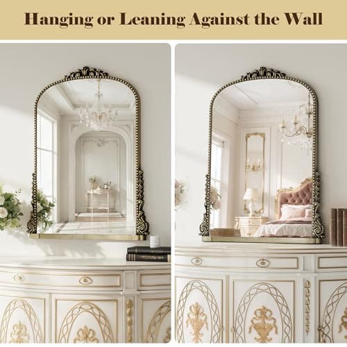Vintage Bronze Arched Mirror - 40"x29" Large Matt Gold Antique Wall Mounted Mirror - Baroque Traditional Ornate for Entryway, Fireplace, Living Room, Hallway or Wall Decor (Upgrade Tempered Glass) - Thumbnail 4