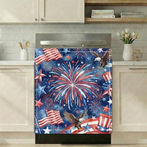 4th of July Decorations Magnetic Dishwasher Cover 23"x26" - Starry Night Fireworks & Eagle Kitchen Decor - American Flag Fabric Fridge Panel - Image 1