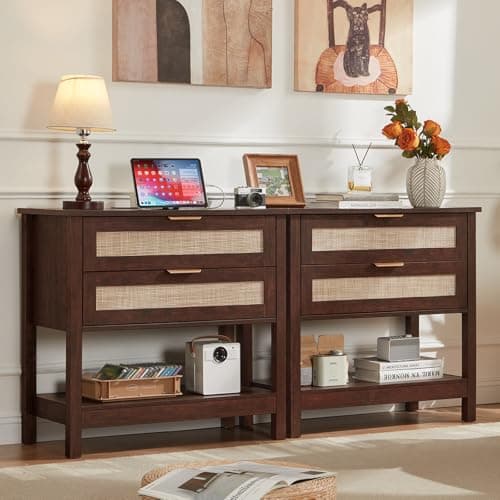 LEYAOYAO 31.5" Wide Rattan Night Stand, Large Boho Nightstand, Bedside Table with Storage, Tall Bed Side End Tables, Chest of Drawers for Bedroom, Living Room, Hallway（Walnut,2 Drawers with Charger,2） - Image 1