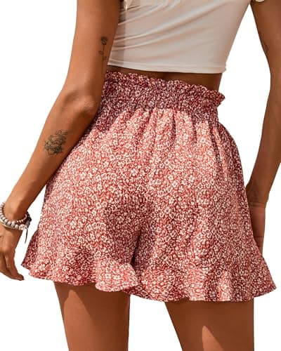 BTFBM Shorts for Women Spring Summer 2026 Beach Vacation Clothes Boho Floral Belted Casual Ruffle Short Pants Pocket Outfits(Floral Orange Red, X-Large) - Thumbnail 2