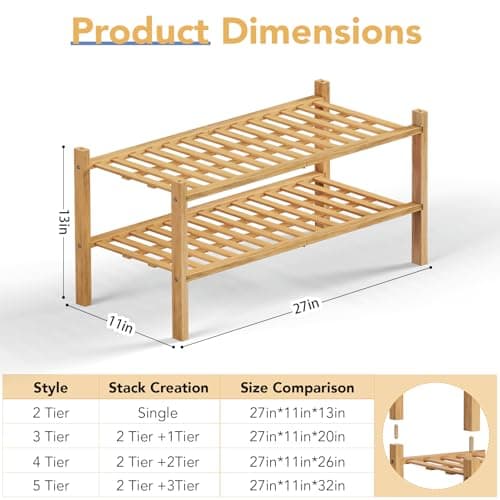 Haddockway 2 Tier Bamboo Shoe Rack Storage Organizer, Multifunctional Free Standing Stackable Shoe Shelf with Grid Panel for Closet,Hallway,Entryway,Small Space 27"x11"x13" - Thumbnail 3