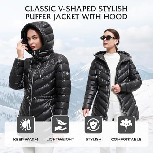 BINACL Women's Fashion Hoodie Thickened Black Jacket, Down Alternative Parka Stylish Shiny Puffer Jacket Women Glossy Cotton Padding Outwear Climbing Long Sleeve Jacket Winter Warm Long Coat(Black L) - Thumbnail 2