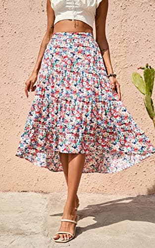 PRETTYGARDEN Ditzy Floral Skirt Midi Boho Elastic High Waist Skirt A-line Long Vintage Skirts for Women Pleated Skirt (Blue Red,Medium) - Thumbnail 2
