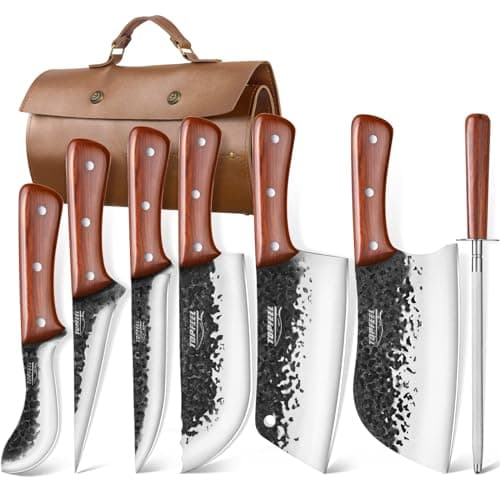 Topfeel 8PCS Chef Butcher Fish Knife Set for Meat Cutting with Roll Bag, Hand Forged Meat Cleaver Knife Boning Carving Knife Set for Home、Camping、BBQ - Image 1